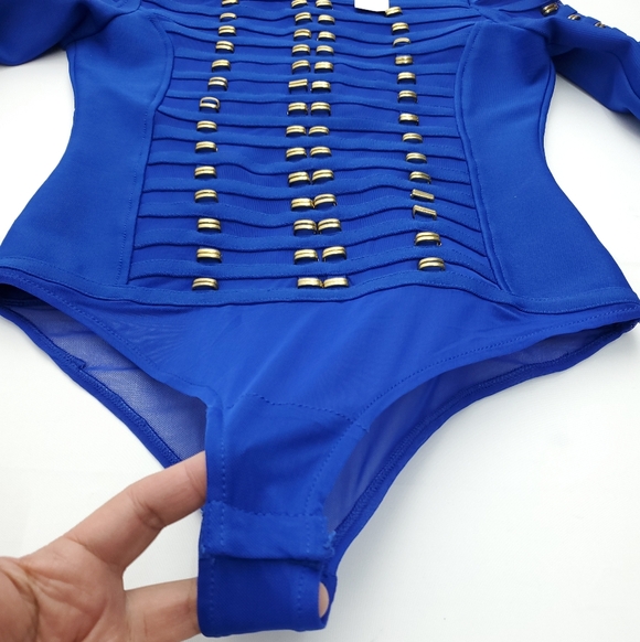 NEW Karen Millen All Over Trimmed Stretch Bandage And Mesh Bodysuit Blue Size M - Picture 6 of 11